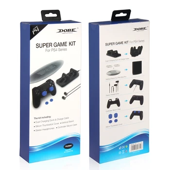 Суперигровой комплект 5 в 1 для консоли PS4, двойная зарядка, вертикальный, наушники, силиконовый чехол для контроллера и крышка