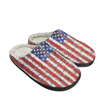 США, Американский флаг, Модные хлопчатобумажные тапочки на заказ, мужские и женские сандалии, Плюшевая повседневная обувь для согревания, Термоудобные тапочки 0