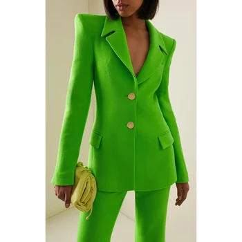 Тонкий Зеленый женский блейзер, длинные брюки, сшитый на заказ, Офисный женский однобортный деловой комплект из двух предметов