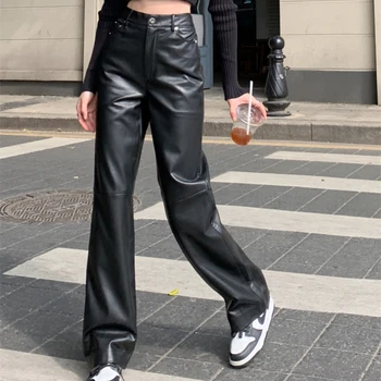 Уличная одежда, черные повседневные брюки из искусственной кожи с широкими штанинами, женские Свободные Прямые кожаные брюки с высокой талией 0