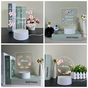 Цветочный Акриловый 3D Светильник венок с именем Таблица Настольный Декор Персонализированное имя Визуальный Ночник детские подарки