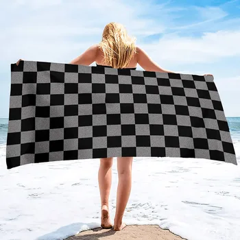 Черно-белый гоночный клетчатый флаг Пляжные полотенца из микрофибры большого размера Без песка Быстросохнущее пляжное полотенце Банное полотенце для женщин и мужчин 0
