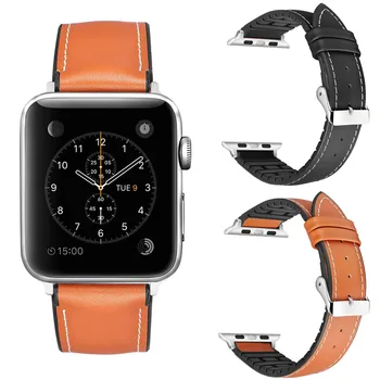 Черно-коричневый Ремешок из Натуральной Кожи для Apple Watch Series 1, браслет с 2 и 3 Полосами, Дышащий Ремешок для Часов TPU 42 мм 38 мм с Металлической пряжкой