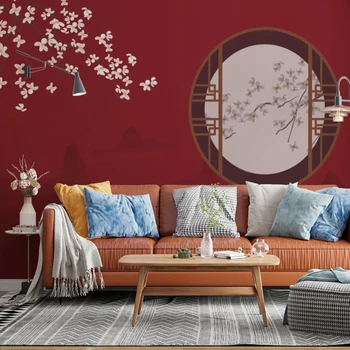 Элементы шинуазри, цветы, Настенная роспись на красном фоне, обои для гостиной, обустройство дома, отделка облицовки стен.